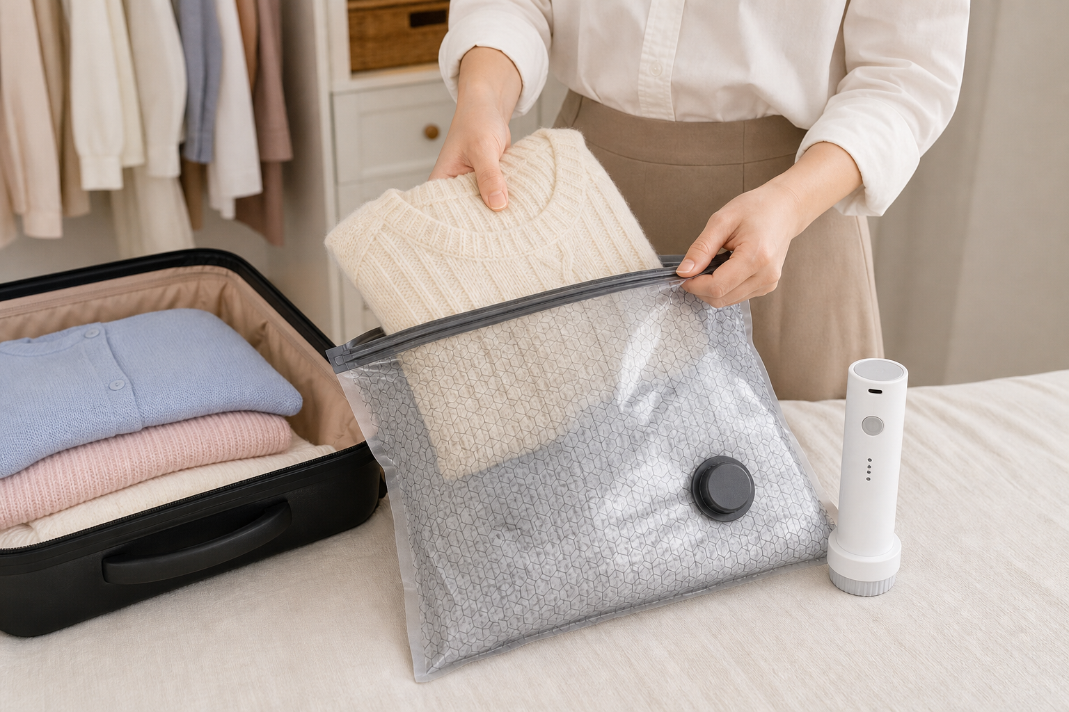 Vacuum storage bags being packed with soft clothing